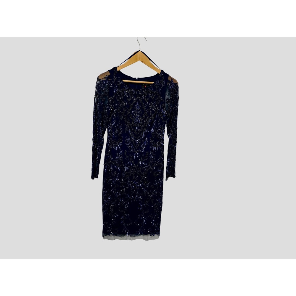Adrianna‎ Papell Sequin Dress Cocktail Party Long Sleeve Navy Blue Size 6